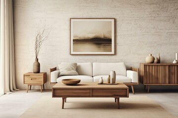 Scandinavian home. Beige living space adorned with wooden furniture. Wall background. Artwork. Generative AI