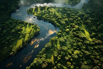 overhead view of the amazon rainforest. Generative AI