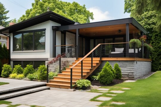 Renovated veranda with natural stone steps and paver landing, enhancing the beauty of a mid century modern bungalow. Generative AI