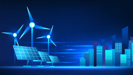 Alternative energy technology, windmill with solar panels that supply electricity to the city Refers to wind turbine and solar cell technology that produce electrical energy. © K illustrator Photo