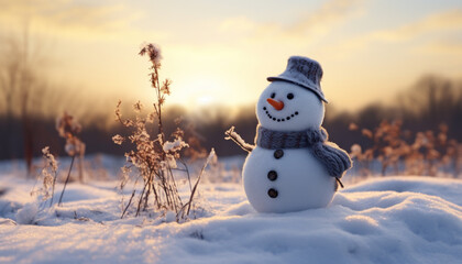 Obraz premium Adorable Winter Snowman with a Snowy Landscape in the Background - Generative Ai