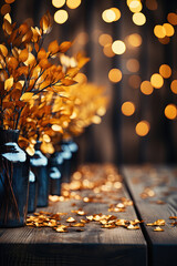 Autumn Wooden Table Product Display with Copy Space and a Golden Brown Sunset Blurred Autumn Background of Leaves for Thanksgiving and Other Seasonal Messages