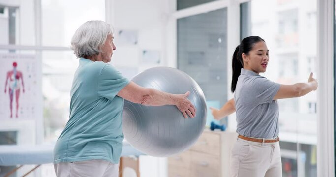 Senior care, physiotherapist and women with gym ball for rehabilitation, muscle and support in healthcare. Physio, elderly person with caregiver and help with exercise, workout and mobility training.