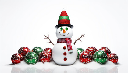 Snowman Crafted from Christmas Baubles on White Background - Holiday Artistry - Generative AI