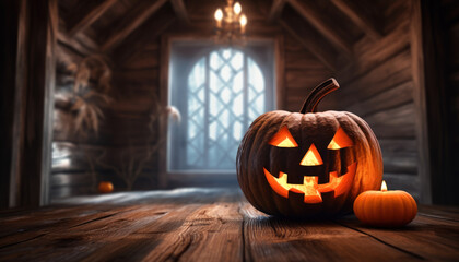Halloween Pumpkin and Candles on Abandoned Attic - Spooky Ambiance - Generative AI