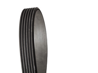 V-ribbed engine belt made of black rubber on a white isolated background in a photo studio of auto parts for replacement during repair or for a catalog of spare parts for sale on auto analysis.