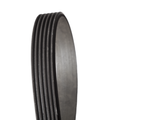 V-ribbed engine belt made of black rubber on a white isolated background in a photo studio of auto parts for replacement during repair or for a catalog of spare parts for sale on auto analysis.