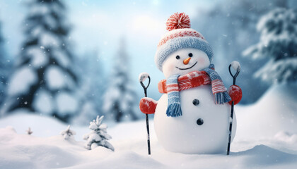 Cheerful Little Snowman in a Winter Forest - Joyful Winter Scene - Generative AI