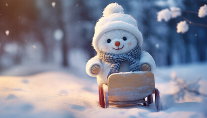 Cute Teddy Bear in Hat and Scarf Sledding - Winter Wonderland Joy - Generative AI