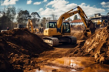 Construction machinery digging a trench for building base. Generative AI