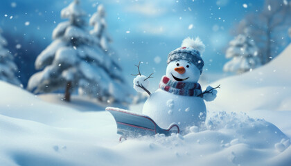Happy Snowman Playing in the Winter Forest - Joyful Winter Frolic - Generative AI