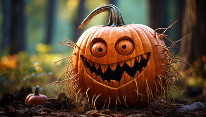 Funny Halloween Pumpkin in the Forest - Spooky Humor - Generative AI