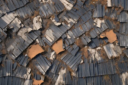 Close-up aerial drone view of roof with shingle damage. Generative AI
