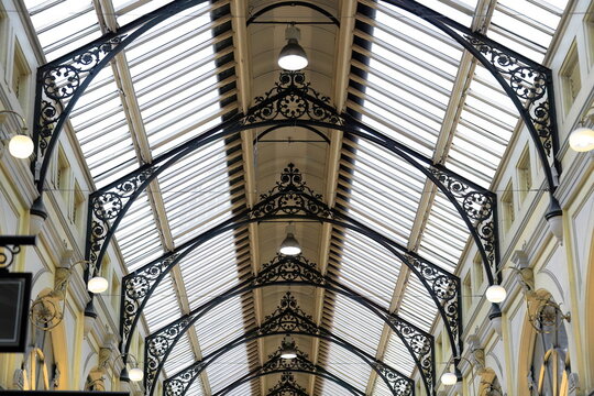 Glass roof on iron arches of the AD 1870 opened The Royal Arcade, Australia's oldest extant shopping arcade. Melbourne-933