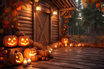 Obraz premium Halloween Background pumpkins, Candles and autumn leaves on the wooden house porch. Night view of a house Halloween decoration