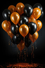 Black and orange balloons with sparkles, lit on a black background, with gift box banner and copy space for text. Golden and black balloons isolated on a dark gray background.