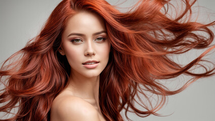 Portrait of a beautiful woman with very long red hair