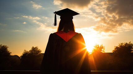 Silhouette of graduate against sun shining - Powered by Adobe