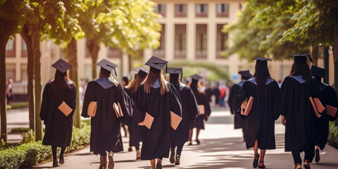 The back of the graduates are walking to attend the graduation ceremony at the university, Concept of Successful Education in High School, Congratulated Degree