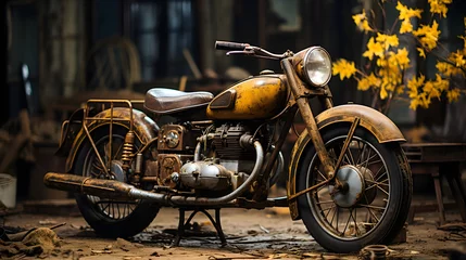 Fototapete Fahrrad Vintage rustic motorcycle parked in the street