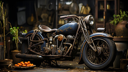 Vintage rustic motorcycle parked in the street