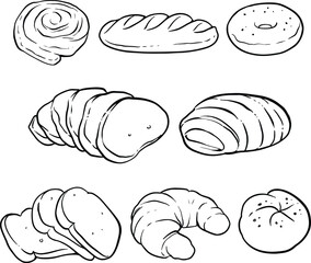 Vector fresh bread on a white background. Hand drawn bakery outline vector illustration. Eco foods. Black and white, black line vector