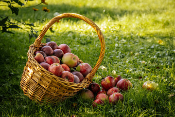 Abundance of Fresh, Organic Apples in a Wicker Basket. Organic apples in a wicker basket, showcasing nature's abundance and freshness.