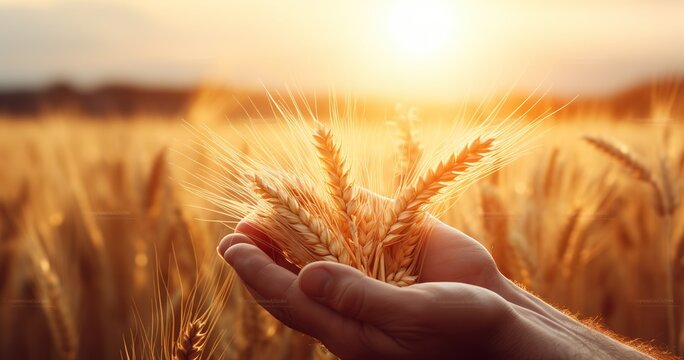 Yellow wheat field on summer day, ears wheat close up in farmer hands against background of setting sun, planting and harvesting concept Generative AI