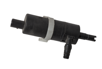 Windshield washer water pump is a tank and nozzles supply water to glass for cleaning. Spare part of car on a white isolated background in photo studio for sale or replacement during repair in service
