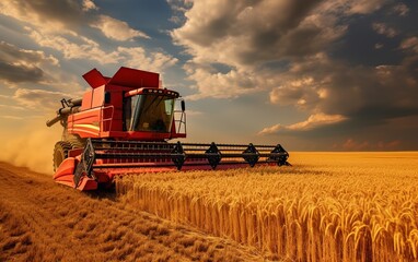 Obraz premium Combine harvester removes ripe wheat agricultural work, harvesting grain in field concept of planting and harvesting rich harvest Generative AI