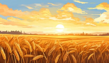Yellow agriculture field with ripe wheat and blue sky with clouds over it, field with a harvest, hand drawn landscape rural meadow planting and harvesting concept Generative AI