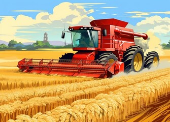 Obraz premium Harvester harvests ripe wheat, agricultural work, collects grain on the field, hand drawn concept of planting and harvesting a rich harvest Generative AI