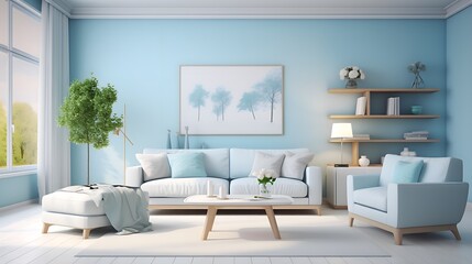 Cozy Light Blue Living Room with White Furniture and Plants in Functional Interior Design, sofa, couch, coffee table