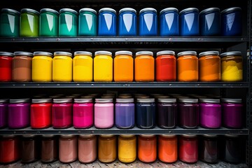 various vibrant paint colors stored in containers. Generative AI