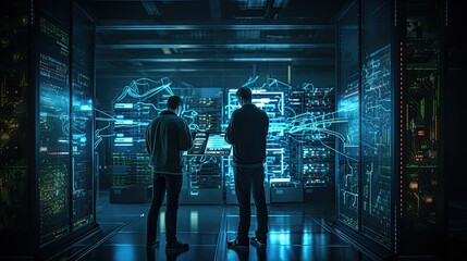 Two men looking at hologram screens in server room - obrazy, fototapety, plakaty