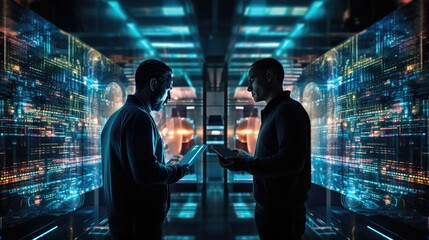 Silhouette of two guys using digital tablet in server room