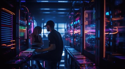 Young couple in datacenter with servers in the data center