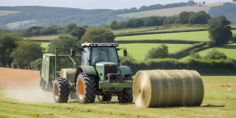 hay baler being pulled by a tractor in a field two generative AI - obrazy, fototapety, plakaty
