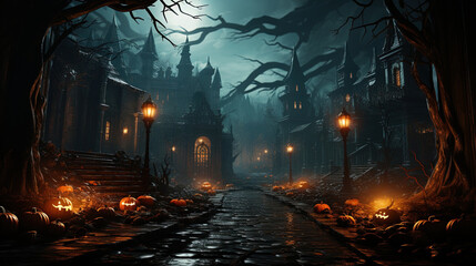 Fototapeta premium Halloween background with pumpkins and haunted house. 3D render Halloween background with Evil Pumpkin. Spooky scary dark Night forest. Holiday event Halloween banner background concept