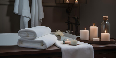 Fototapeta na wymiar luxurious spa setting with plush robes towels and candles one generative AI