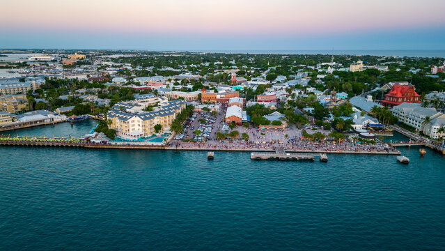 Mallory Square and Duval street in key west aerial view of people gathering for sunset