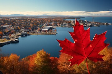The Canadian city of Rimouski in Quebec, captured in a photo with the Canadian maple leaf. Generative AI