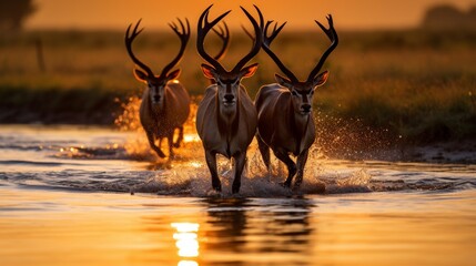 A black lechwe bravely leads the herd across the water channel