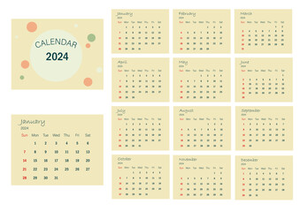 2024 calendar template design. Week starts from Sunday. Full months for wall calendar 