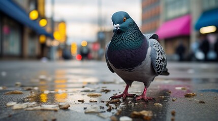 A close-up shot of a pigeon standing on a city sidewalk