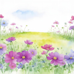 Obraz na płótnie Canvas Vector hand painted watercolor cosmos floral garden field landscape background
