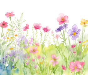 Vector hand drawn watercolor wildflowers illustration landscape background