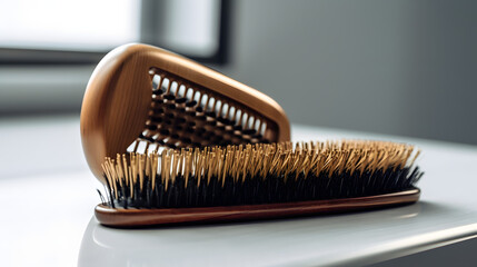 hairbrush and a comb lying on a white surface with a mirr generative AI - obrazy, fototapety, plakaty