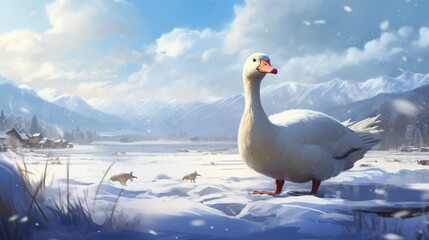 A goose at a snowy landscape