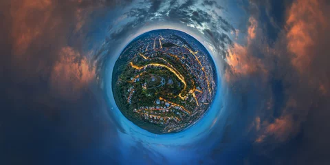 Papier Peint photo Lavable Panoramique stuttgart germany aerial panorama little planet sphere, evening